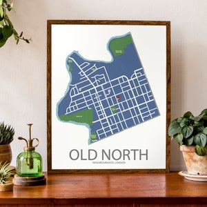 Carte typographique du quartier Old North à London, Ontario | Carte des quartiers de la ville de Londres | | d’affiche de carte personnalisée Art cartographique personnalisé