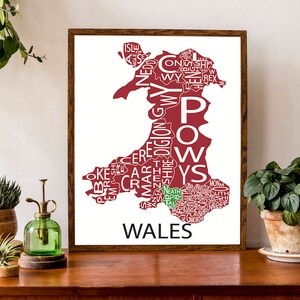 Carte typographique du Pays de Galles | Carte des pays européens | Affiche de carte du Royaume-Uni | Poster de carte personnalisée | Illustration de carte personnalisée