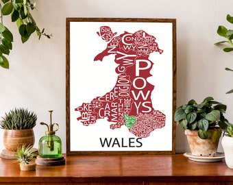 Typographic Map of Wales | European Country Map | United Kingdom Map Poster | Custom Map Poster | Personalized Map Art
