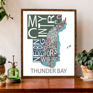 Carte typographique de Thunder Bay | Carte de la ville du nord-ouest de l'Ontario | affiche de quartier | Carte du Canada | Impression de carte personnalisée | Art de carte personnalisé