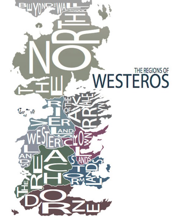 Typographic Map Of Westeros Game Of Thrones Etsy