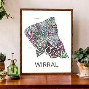 Carte typographique de Wirral, Angleterre | Carte de l'arrondissement de Wirral | Merseyside : carte | Carte du village de Wirral | Poster de carte personnalisée | Carte personnalisée