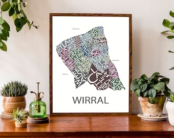 Typographic Map of Wirral, England | Borough of Wirral Map | Merseyside Map | Wirral Settlement Map | Custom Map Poster | Personalized Map