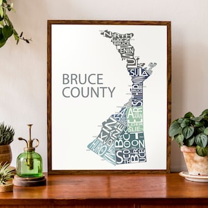Carte typographique du comté de Bruce, Ontario | carte du comté Imprimer | Carte du lac Huron | carte du Canada | | d’affiche de carte personnalisée Impression de carte personnalisée