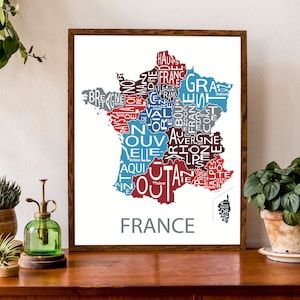 Typografische kaart van Frankrijk | Regio's van Frankrijk met hoofdsteden | Franse kaart afdrukken | Europese kaart | Aangepaste kaartposter | Gepersonaliseerde kaartkunst