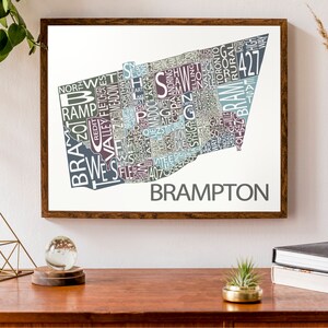 Carte typographique de Brampton, Ontario | Carte de la ville Imprimer | carte canadienne | | d’affiche de carte personnalisée Impression de carte personnalisée
