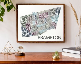 Typographic Map of Brampton, Ontario | City Map Print | Canadian Map | Custom Map Poster | Personalized Map Print