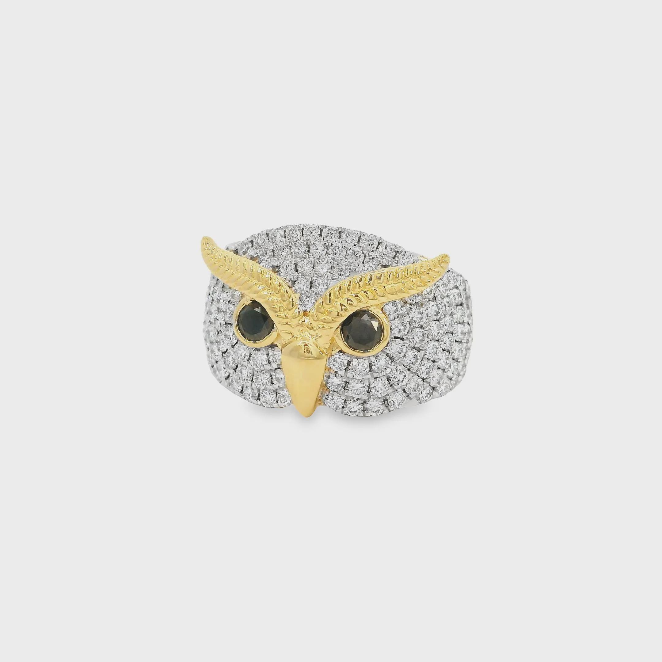 Owl Bird Inspired Diamond Statement Ring in 14K Real Gold Black and White Round Cut Diamond Luxury D