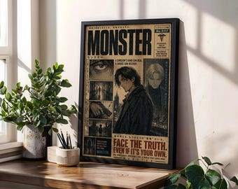 Może przedstawiać: Oprawiony plakat z układem gazety w stylu vintage zatytułowany MONSTER. Projekt zawiera kilka paneli z ilustracjami postaci, panoramą miasta oraz tekstem A SURGEON'S HAND CAN HEAL, A CHOICE CAN DESTROY i FACE THE TRUTH.