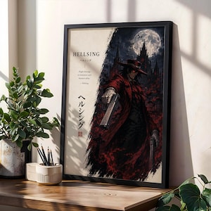 May include: A framed poster featuring a dark illustration of a character in a red coat and hat holding a handgun. The artwork includes the text HELLSING, Japanese characters, and a quote about monsters under a full moon and gothic castle silhouette.