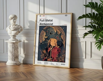 May include: A framed poster featuring artwork from "Full Metal Alchemist." The poster has a wooden frame and displays a central image of two characters in a circular design. The poster includes the text "Full Metal Alchemist" and the year "2003."
