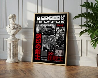 May include: Framed black and white manga art print with the word "BERSERK" in white and red. The print features panels of manga illustrations and Japanese text. The artwork is displayed on a wooden floor.