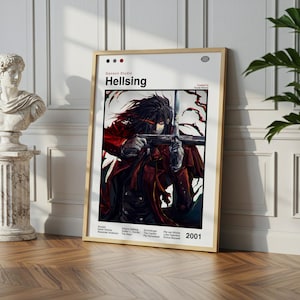 Könnte beinhalten: Ein gerahmtes Poster mit dem Titel "Hellsing" und einer Charakterillustration in Rot und Schwarz. Das Poster lehnt an einer weißen Wand, neben einer Marmorbüste und einer Topfpflanze.