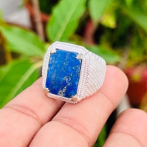 Men’s Lapis Lazuli Signet Ring – Bold Blue Gemstone Silver Statement Ring, Handmade Healing Stone Ring, Unique Gift for Him