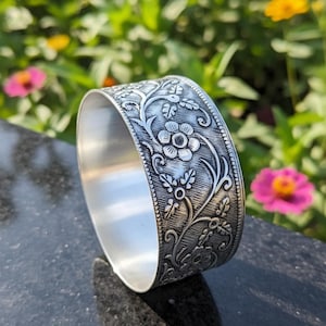 Oxidized Sterling Silver Floral Bangle, Engraved Vintage Cuff