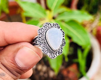 Handmade Pear Rainbow Moonstone Sterling Silver Ring, Vintage Boho Jewelry