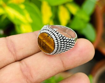 Anillo de sello para hombre con piedra ojo de tigre – Anillo de plata de ley con gema