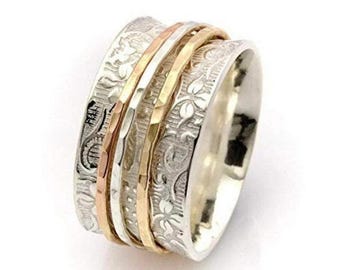 Three-Tone Spinner Ring, Mixed Metal Fidget Ring, 925 Sterling Silver, Anxiety Relief Band Ring, Ring for Women, Meditation Band Ring