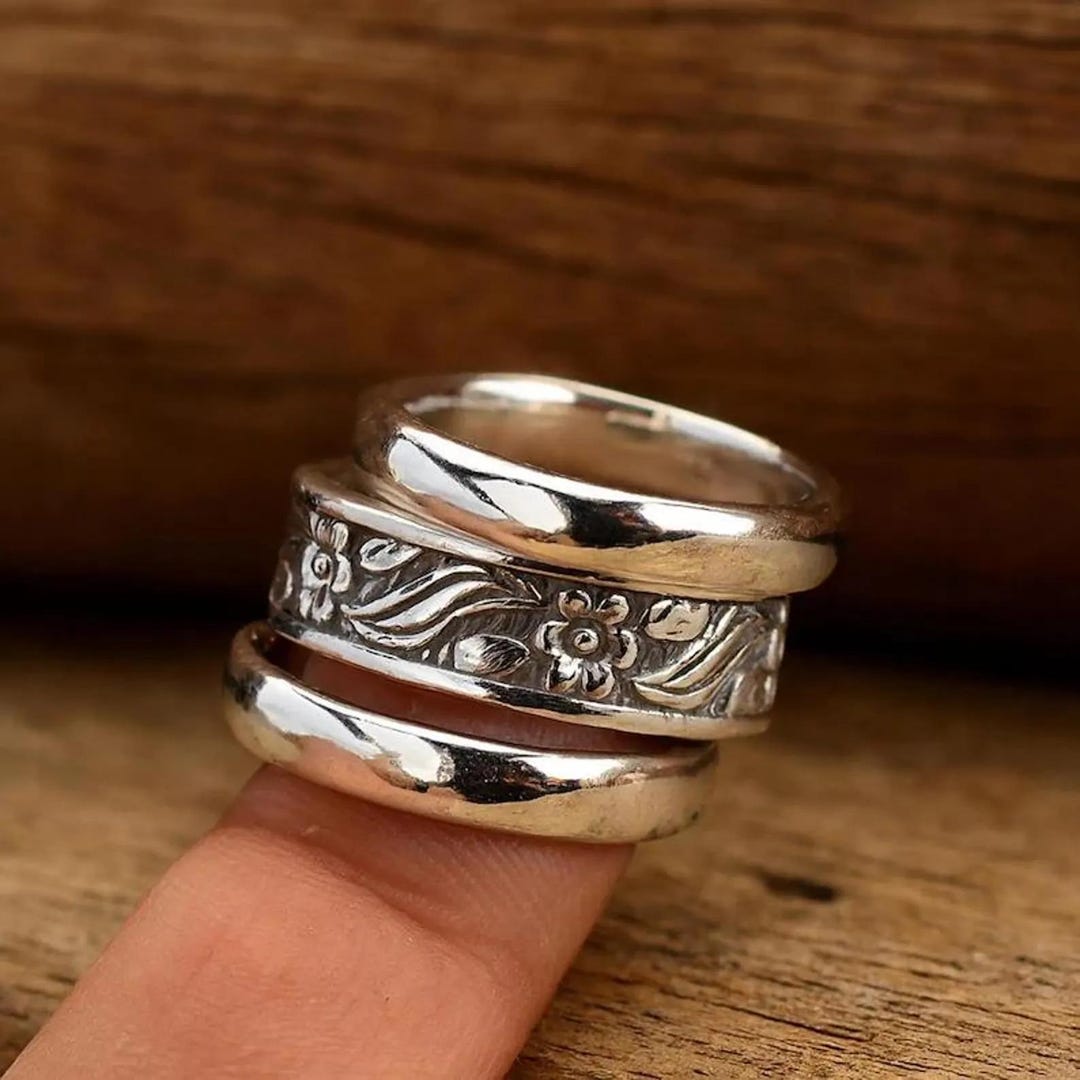 Set of 3 Stacking Rings 925 Sterling Silver | Floral Engraved Band Ring ...