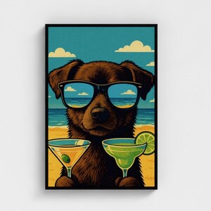 May include: A framed art print of a brown dog wearing sunglasses, holding two cocktails on a beach. The sunglasses reflect the sky and clouds. One cocktail has an olive, the other a lime.