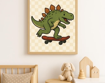 Speelse dinosauruskunstprints: skateboard, scooter, rolschaats (digitale download)