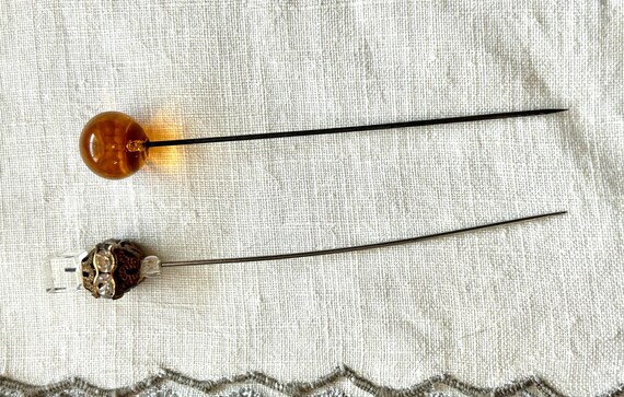 TWO Antique Hatpins, Amber Glass Ball and Victori… - image 1