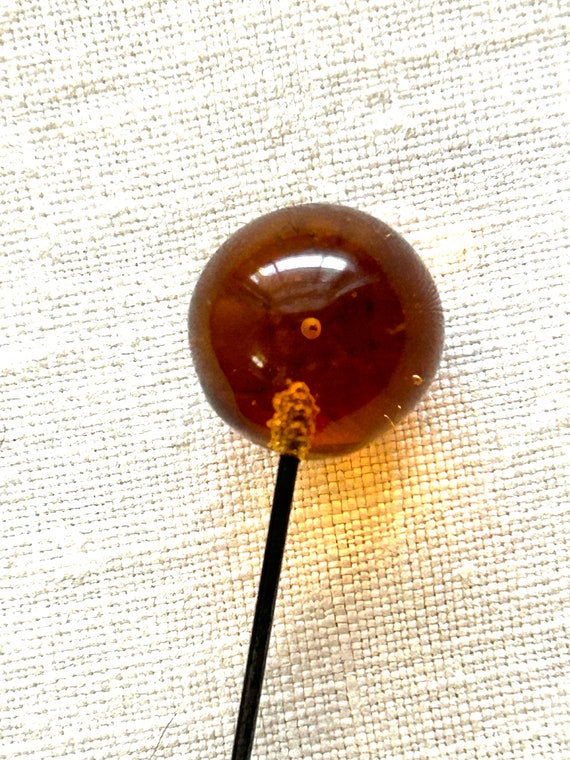 TWO Antique Hatpins, Amber Glass Ball and Victori… - image 2