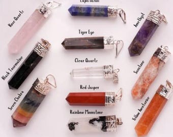 Natural Crystal Pencil Pendant Necklace, Healing Crystal Point Charm, Handmade Stone Jewelry Gift