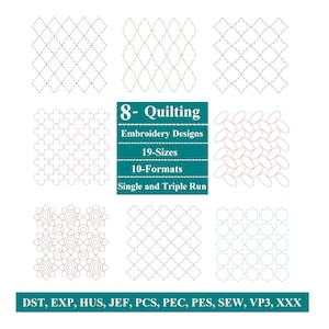 May include: Nine quilting embroidery designs are shown on a white background, featuring diverse patterns and colours, such as diamond, oval, and floral. The image includes the text "8- Quilting Embroidery Designs 19-Sizes 10-Formats Single and Triple Run".
