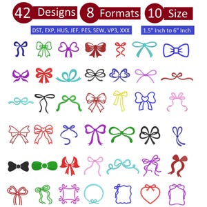 Op de afbeelding: Een verzameling van 42 strik ontwerpen in verschillende kleuren en stijlen. De afbeelding toont 8 formaten en 10 maten, variërend van 3,8 cm tot 15,2 cm. De ontwerpen omvatten klassieke strikken, decoratieve strikken en hartvormige strikken.