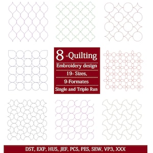 Könnte beinhalten: Ein Bild mit acht verschiedenen Quilting-Stickmustern. Die Designs sind in Lila-, Grün- und Brauntönen gehalten, mit einem roten Banner mit der Aufschrift "8 - Quilting Embroidery design 19 - Sizes, 9 - Formates Single and Triple Run."