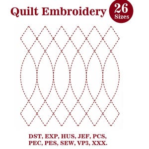Könnte beinhalten: Ein digitales Stickmuster mit einem sich wiederholenden Muster aus dunkelroten Rauten und geschwungenen Linien. Der Text lautet Quilt Embroidery, 26 Sizes, und listet Dateiformate wie DST, EXP, HUS, JEF, PCS, PEC, PES, SEW, VP3 und XXX auf.