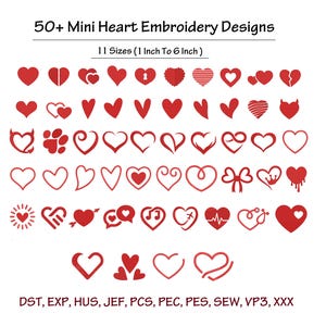 May include: A collection of 50+ red heart embroidery designs in various styles, including solid, outlined, and patterned hearts. The designs range in size from 1 to 6 inches. Text at the top reads "50+ Mini Heart Embroidery Designs".