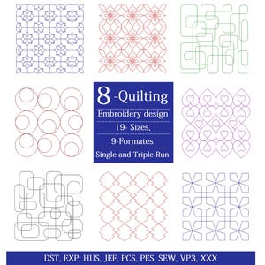 Broderimönster för quiltblock, geometriskt quiltmaskinmönster, enkel och trippel körning, 19 storlekar, 9 format, quiltbroderimönster