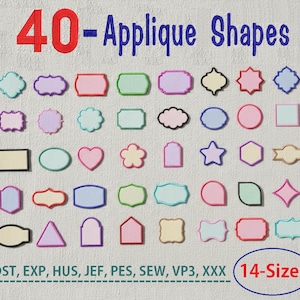 Op de afbeelding: Een afbeelding met 40 applicatievormen in verschillende ontwerpen en kleuren, waaronder rechthoeken, ovalen en sterren. De tekst "40 - Applique Shapes" staat bovenaan, met "14-Sizes" in een blauwe cirkel onderaan. De afbeelding toont ook bestandsformaten.