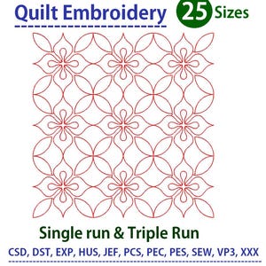 Könnte beinhalten: Ein rotes Blumen-Quilt-Stickmuster mit dem Text "Quilt Embroidery" und "25 Sizes". Das Design zeigt ein sich wiederholendes Muster aus stilisierten Blumen und Blättern. Der Text "Single run & Triple Run" ist ebenfalls enthalten.
