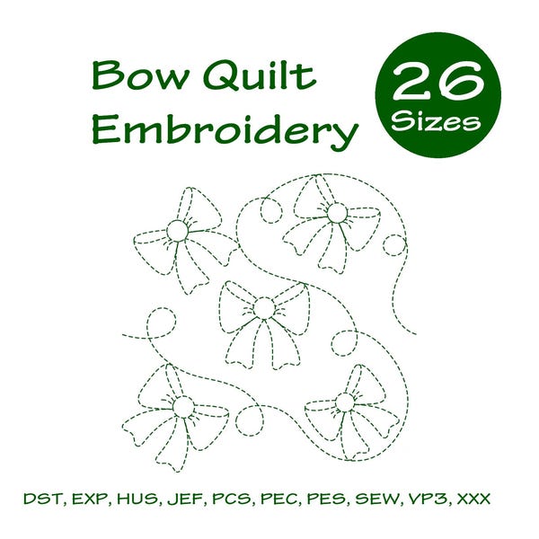 Bow Quilting Embroidery Design, Bow End to End Quilting Embroidery Design, Continuous Line Bow Quilt Design for Embroidery Machines.
