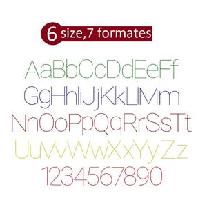 May include: A white background displays a font sample with uppercase and lowercase letters, and numbers. The text is in various colors, including green, blue, red, and yellow. The text "6 size, 7 formats" is in a red rectangle at the top.