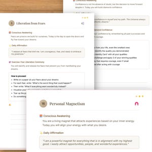 May include: A digital document on a wooden surface, featuring text about self-improvement. Sections include "Unshakeable Confidence", "Liberation from Fears", and "Personal Magnetism". Each section has a title, description, and exercises.