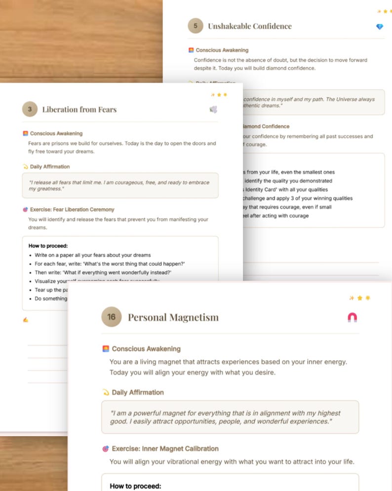 May include: A digital document on a wooden surface, featuring text about self-improvement. Sections include "Unshakeable Confidence", "Liberation from Fears", and "Personal Magnetism". Each section has a title, description, and exercises.