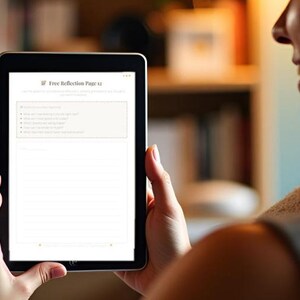 May include: A person holding a black tablet displaying a document titled "Free Reflection Page 12." The screen shows a list of questions. The background is blurred, with a bookshelf and warm lighting.