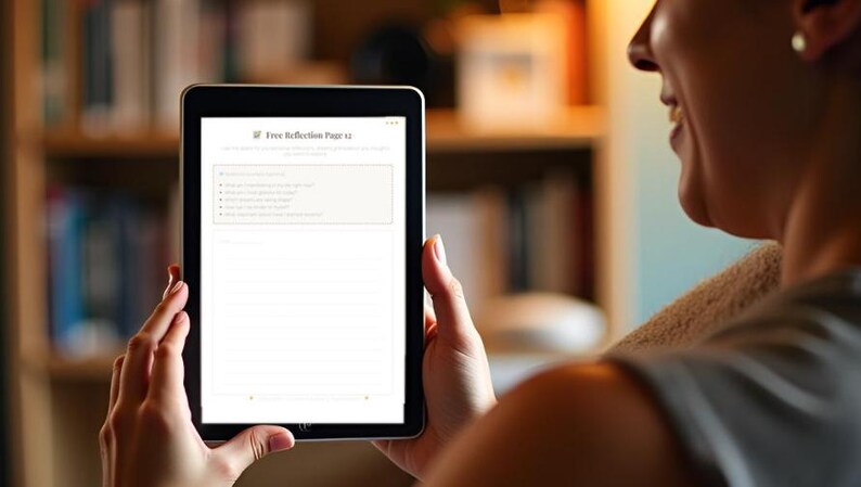 May include: A person holding a black tablet displaying a document titled "Free Reflection Page 12." The screen shows a list of questions. The background is blurred, with a bookshelf and warm lighting.