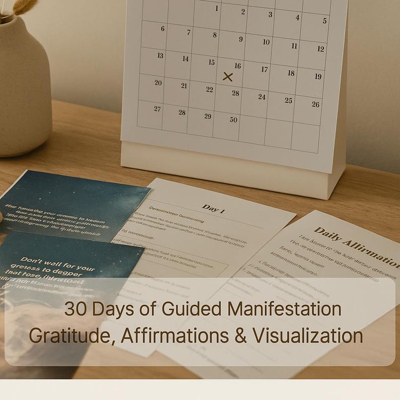 May include: A desk calendar with a white background and black numbers is next to affirmation cards. The cards have text that reads "30 Days of Guided Manifestation, Gratitude, Affirmations & Visualization."