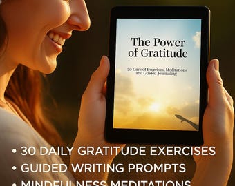 Printable Gratitude Journal – 30 Day Guided Challenge | 60 Exercises (Gratitude + Meditations) | Daily Prompts PDF