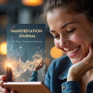 Può includere: Una donna sorride mentre tiene in mano un tablet che mostra un "Manifestation Journal". La copertina del diario presenta un design celeste con il testo "30-Day Transformation". Lo sfondo ha luci bokeh sfocate.