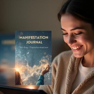 May include: A woman smiles while looking at a tablet, with a book titled "Manifestation Journal" visible. The journal cover features a celestial design with the text "30-Day Transformation."