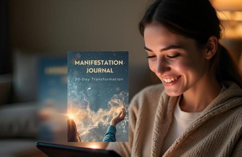 May include: A woman smiles while looking at a tablet, with a book titled "Manifestation Journal" visible. The journal cover features a celestial design with the text "30-Day Transformation."