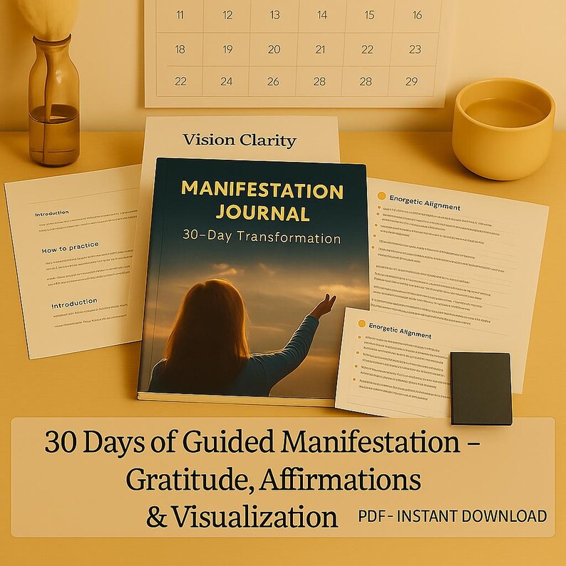 May include: A journal titled "Manifestation Journal 30-Day Transformation" with a woman reaching towards the sky. The image includes papers with text, a calendar, a small yellow bowl, and a bottle. Text at the bottom reads "30 Days of Guided Manifestation - Gratitude, Affirmations & Visualization".