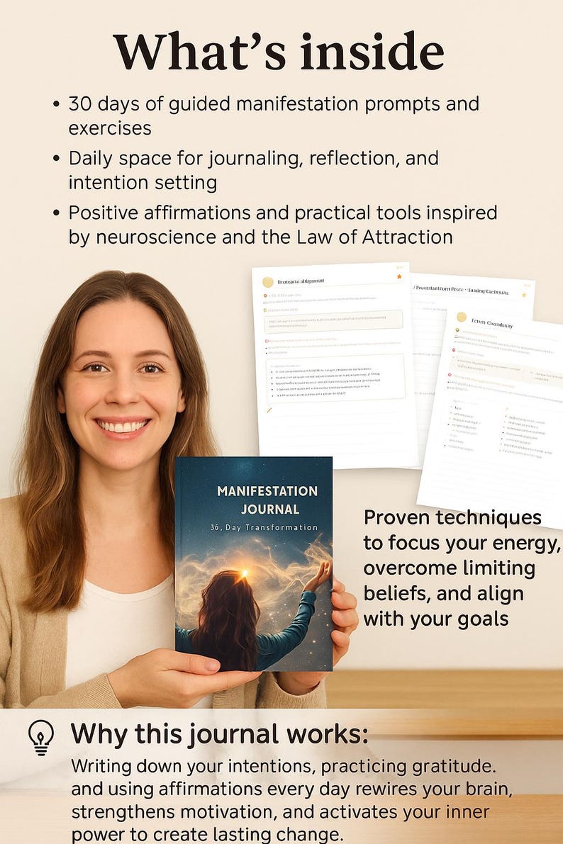 May include: A woman holds a "Manifestation Journal" with a blue cover. The journal's cover features an illustration of a person with arms raised towards a bright light. The journal promises 30 days of prompts, journaling space, and affirmations.