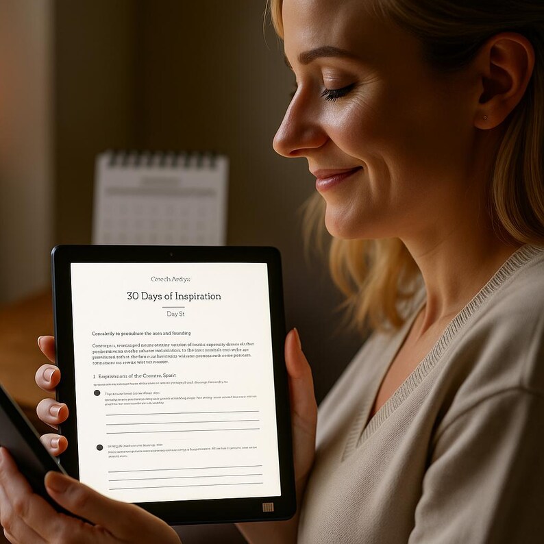 May include: A woman holds a black tablet displaying the text "30 Days of Inspiration." The tablet's screen shows a page of text and prompts for writing. The woman is smiling, suggesting a positive experience with the inspirational content.